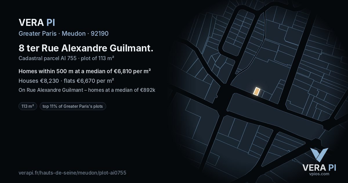8 ter Rue Alexandre Guilmant, Meudon at night – the plot lit, the parcels around coloured by the prices near them