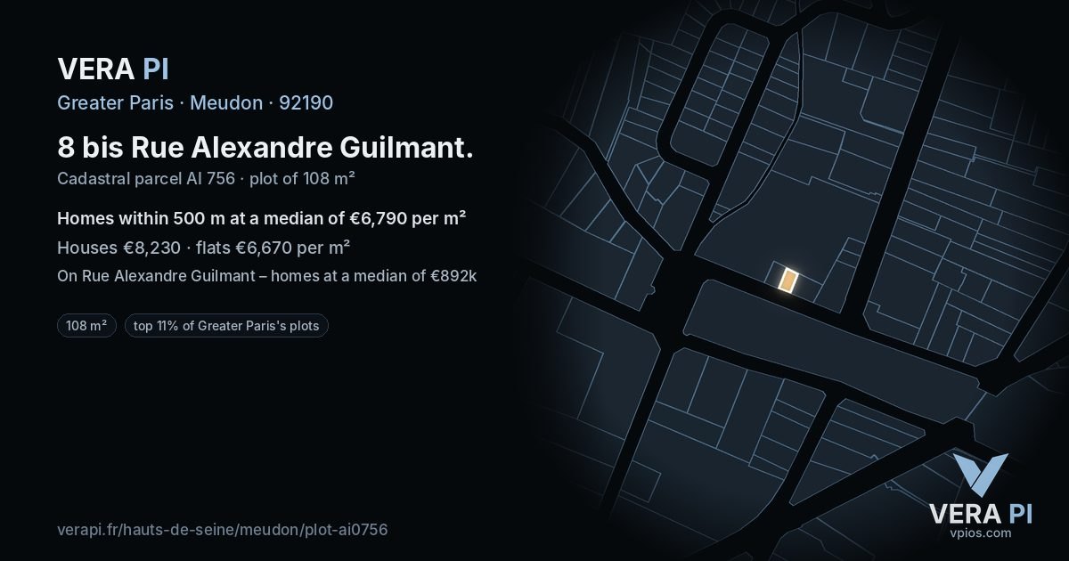 8 bis Rue Alexandre Guilmant, Meudon at night – the plot lit, the parcels around coloured by the prices near them