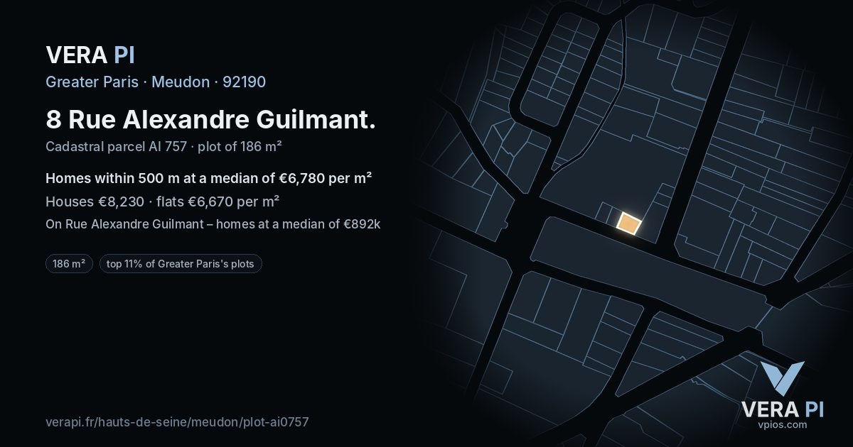 8 Rue Alexandre Guilmant, Meudon at night – the plot lit, the parcels around coloured by the prices near them