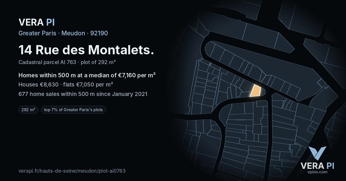 14 Rue des Montalets, Meudon at night – the plot lit, the parcels around coloured by the prices near them
