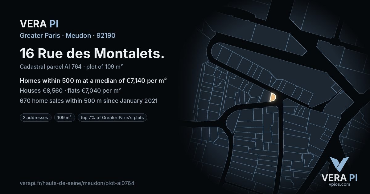 16 Rue des Montalets, Meudon at night – the plot lit, the parcels around coloured by the prices near them