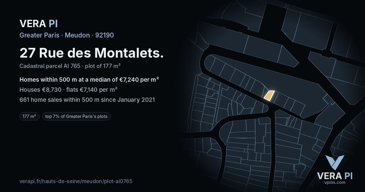 27 Rue des Montalets, Meudon at night – the plot lit, the parcels around coloured by the prices near them