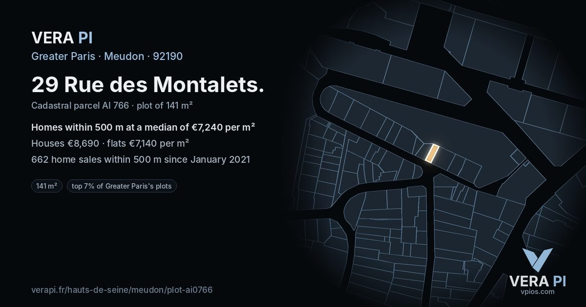 29 Rue des Montalets, Meudon at night – the plot lit, the parcels around coloured by the prices near them