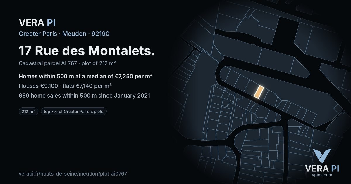 17 Rue des Montalets, Meudon at night – the plot lit, the parcels around coloured by the prices near them