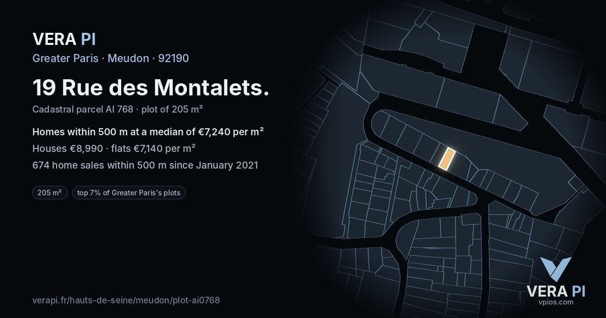 19 Rue des Montalets, Meudon at night – the plot lit, the parcels around coloured by the prices near them