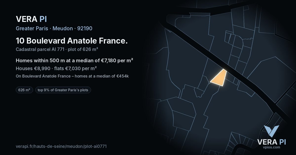 10 Boulevard Anatole France, Meudon at night – the plot lit, the parcels around coloured by the prices near them