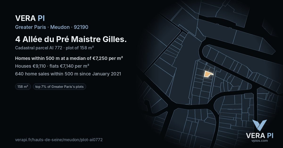 4 Allée du Pré Maistre Gilles, Meudon at night – the plot lit, the parcels around coloured by the prices near them