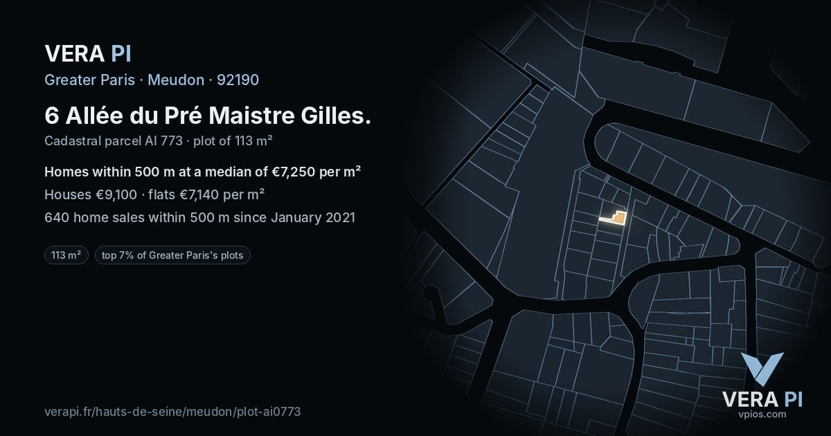 6 Allée du Pré Maistre Gilles, Meudon at night – the plot lit, the parcels around coloured by the prices near them