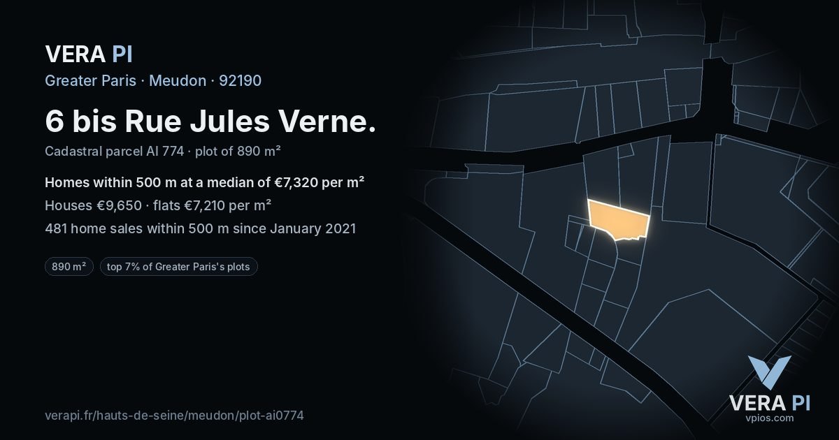 6 bis Rue Jules Verne, Meudon at night – the plot lit, the parcels around coloured by the prices near them