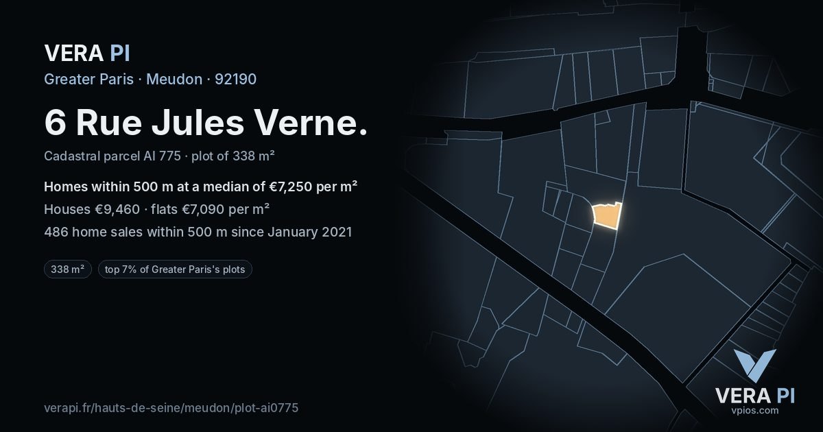 6 Rue Jules Verne, Meudon at night – the plot lit, the parcels around coloured by the prices near them