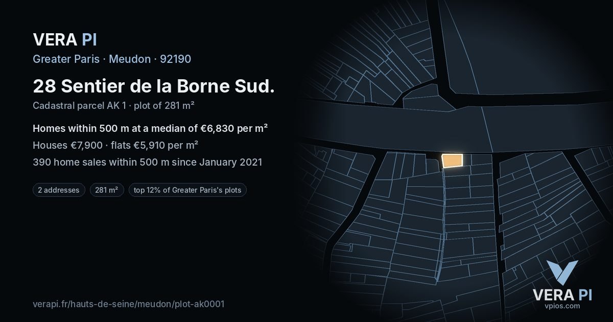 28 Sentier de la Borne Sud, Meudon at night – the plot lit, the parcels around coloured by the prices near them