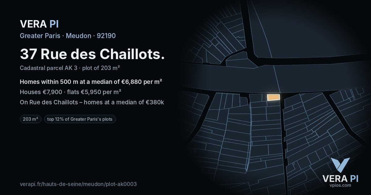 37 Rue des Chaillots, Meudon at night – the plot lit, the parcels around coloured by the prices near them