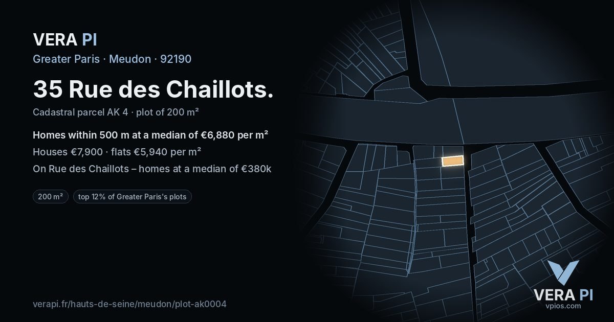 35 Rue des Chaillots, Meudon at night – the plot lit, the parcels around coloured by the prices near them