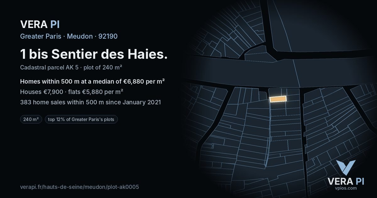 1 bis Sentier des Haies, Meudon at night – the plot lit, the parcels around coloured by the prices near them