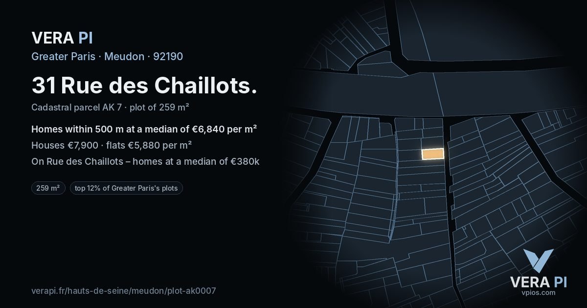 31 Rue des Chaillots, Meudon at night – the plot lit, the parcels around coloured by the prices near them