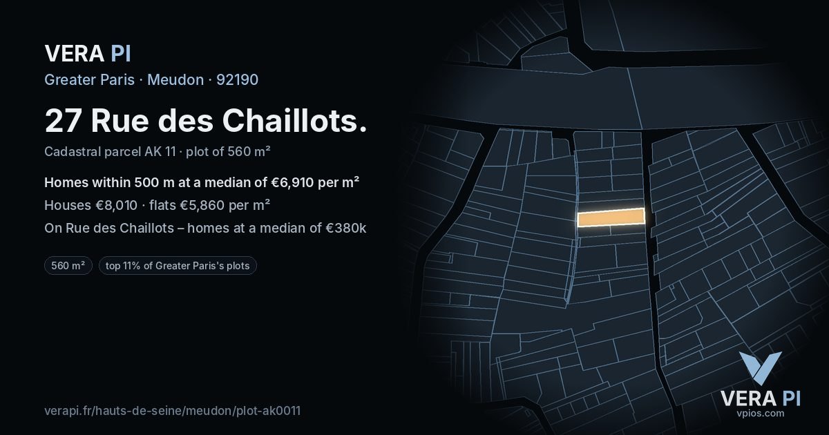 27 Rue des Chaillots, Meudon at night – the plot lit, the parcels around coloured by the prices near them