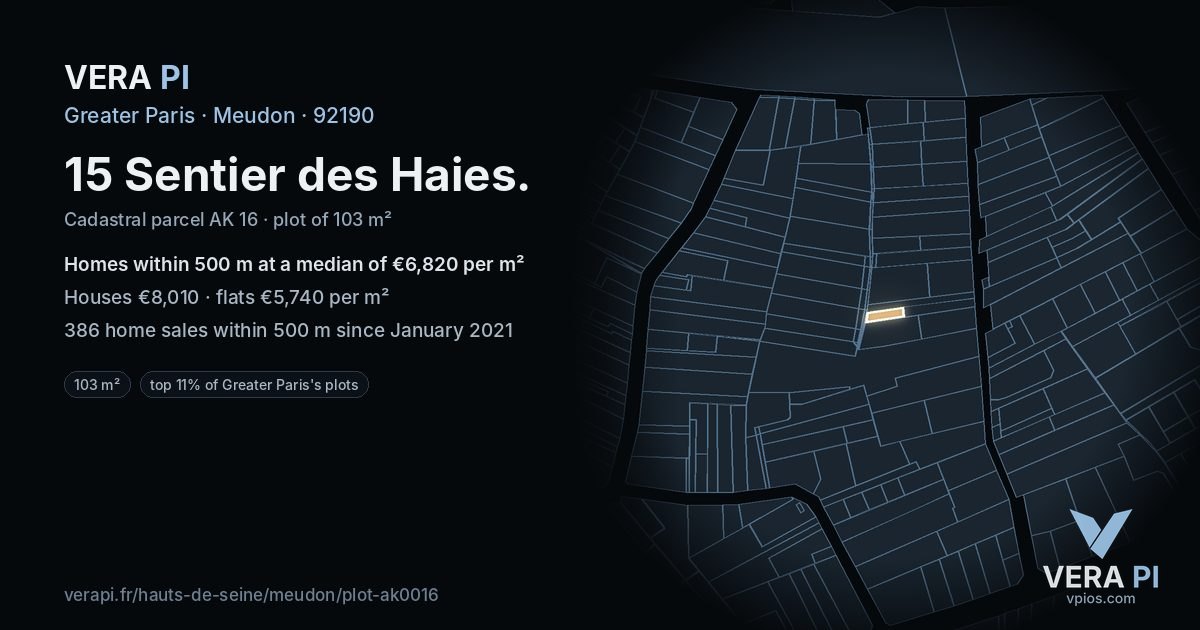 15 Sentier des Haies, Meudon at night – the plot lit, the parcels around coloured by the prices near them