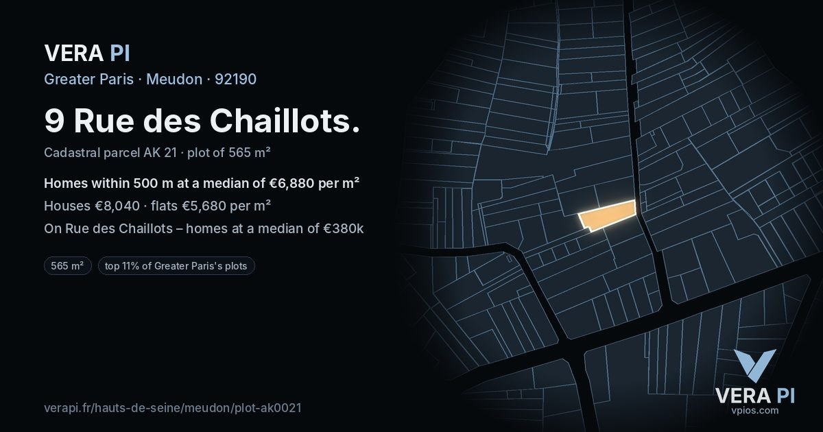 9 Rue des Chaillots, Meudon at night – the plot lit, the parcels around coloured by the prices near them