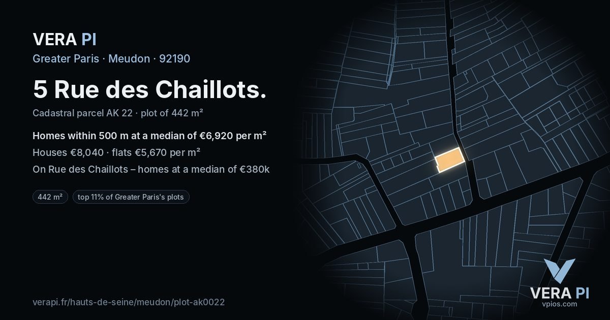 5 Rue des Chaillots, Meudon at night – the plot lit, the parcels around coloured by the prices near them