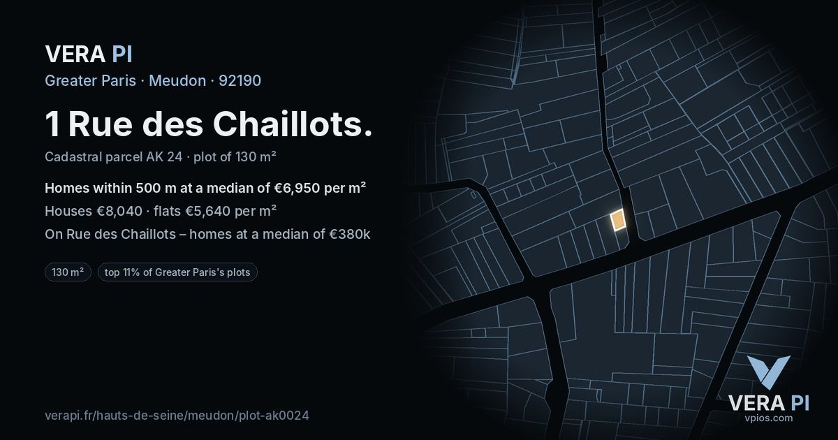 1 Rue des Chaillots, Meudon at night – the plot lit, the parcels around coloured by the prices near them