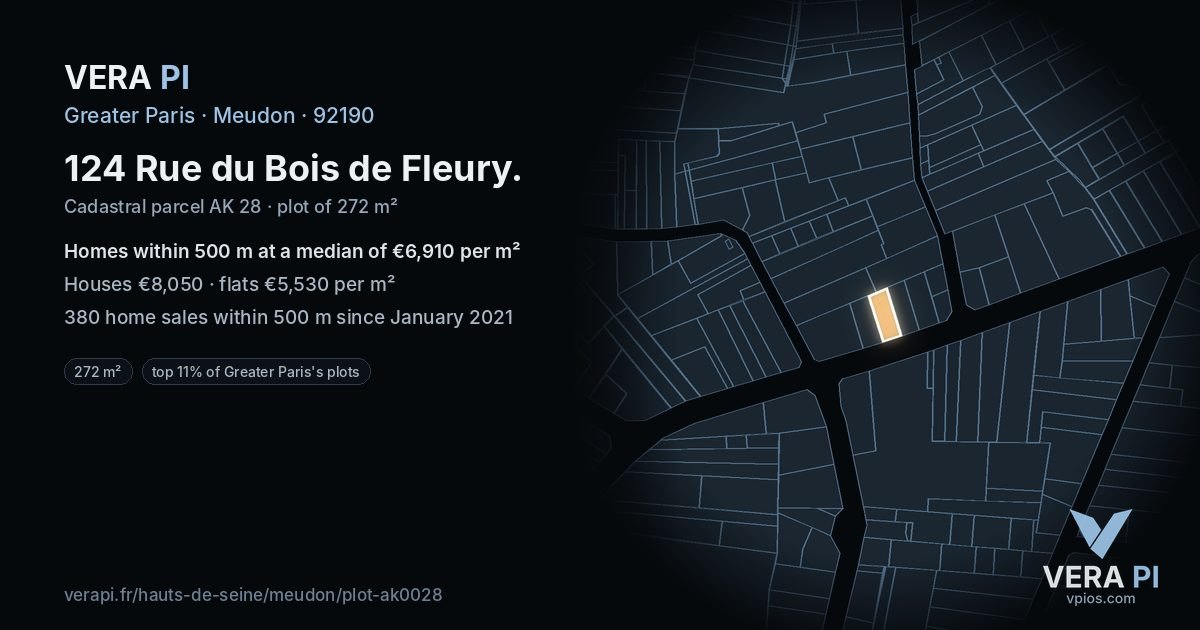 124 Rue du Bois de Fleury, Meudon at night – the plot lit, the parcels around coloured by the prices near them