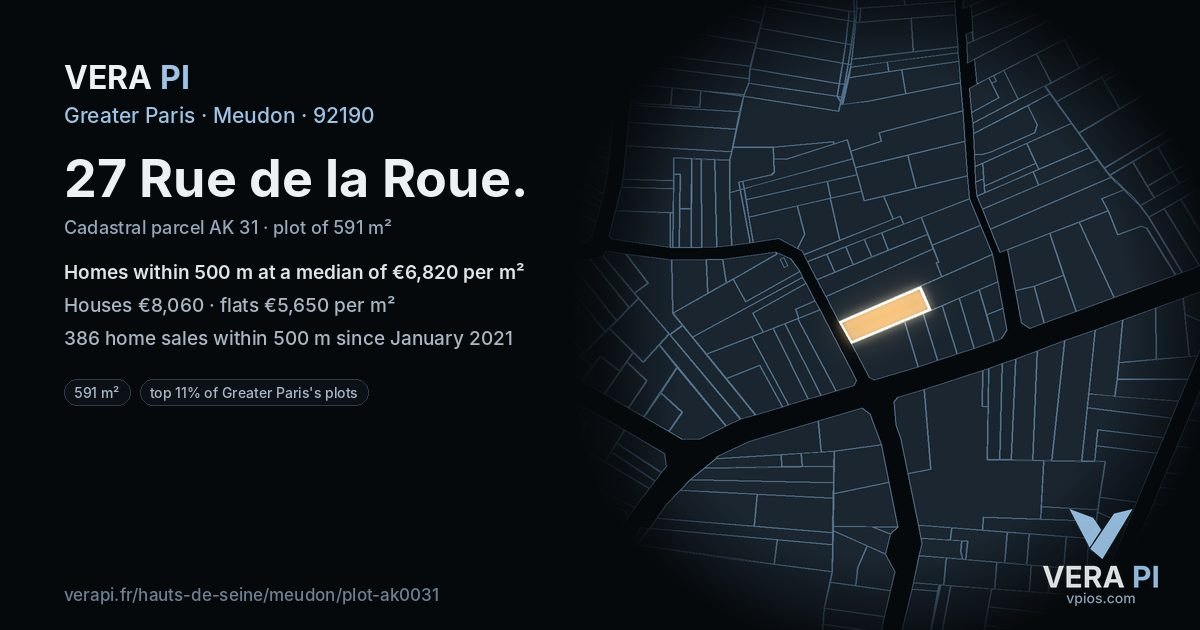 27 Rue de la Roue, Meudon at night – the plot lit, the parcels around coloured by the prices near them