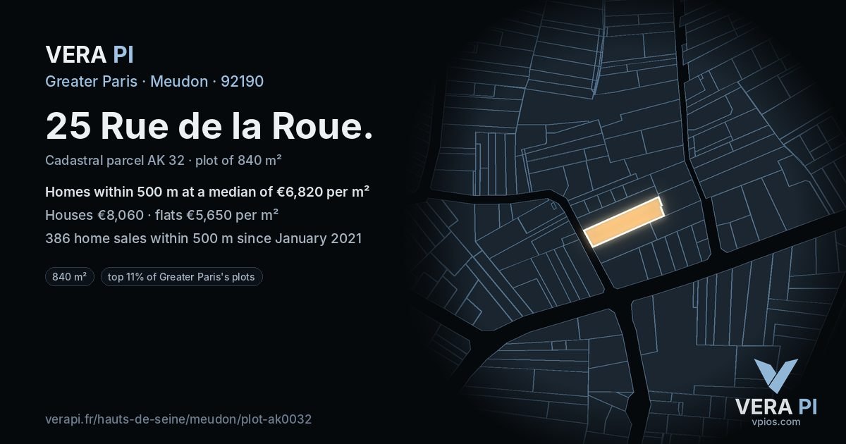 25 Rue de la Roue, Meudon at night – the plot lit, the parcels around coloured by the prices near them