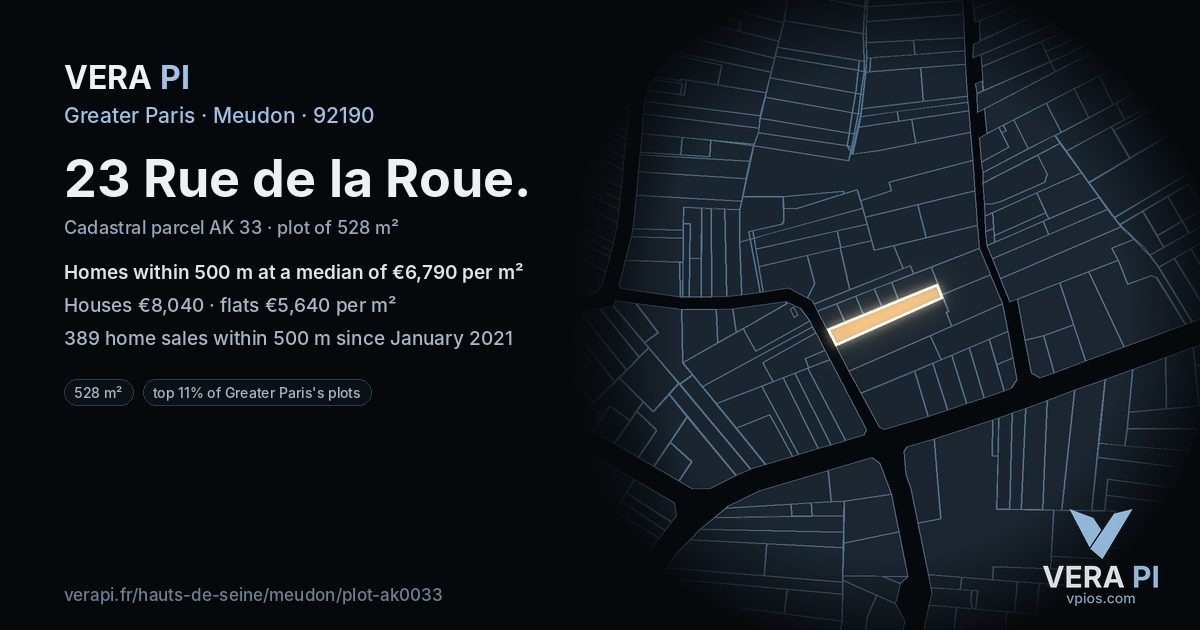 23 Rue de la Roue, Meudon at night – the plot lit, the parcels around coloured by the prices near them