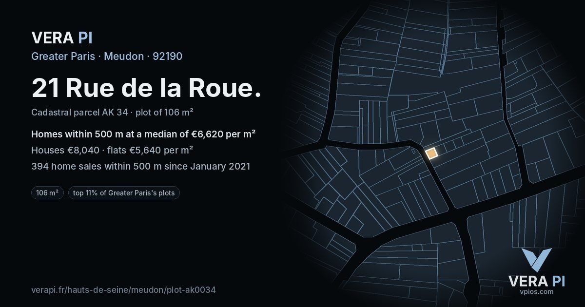 21 Rue de la Roue, Meudon at night – the plot lit, the parcels around coloured by the prices near them