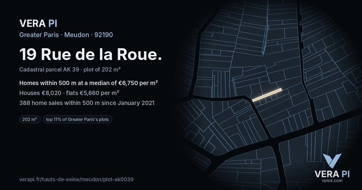 19 Rue de la Roue, Meudon at night – the plot lit, the parcels around coloured by the prices near them