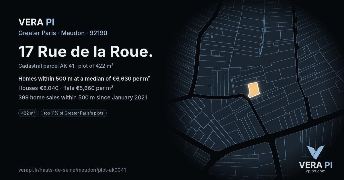 17 Rue de la Roue, Meudon at night – the plot lit, the parcels around coloured by the prices near them