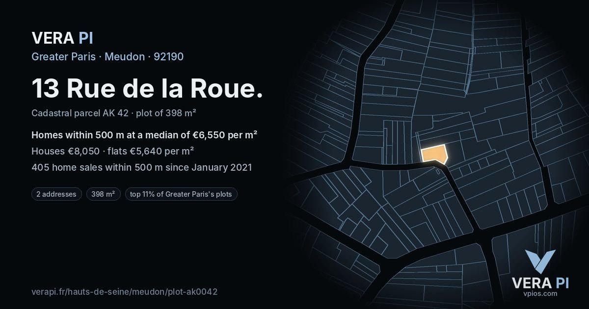 13 Rue de la Roue, Meudon at night – the plot lit, the parcels around coloured by the prices near them