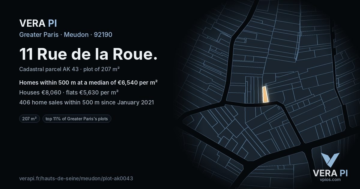 11 Rue de la Roue, Meudon at night – the plot lit, the parcels around coloured by the prices near them