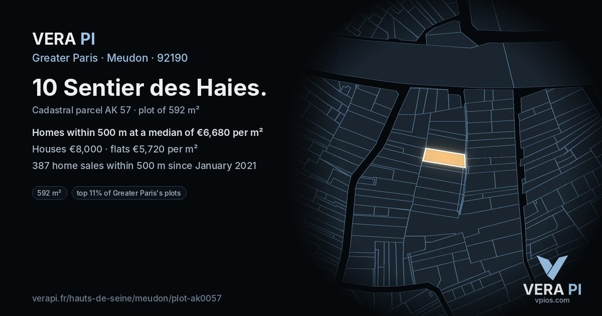 10 Sentier des Haies, Meudon at night – the plot lit, the parcels around coloured by the prices near them
