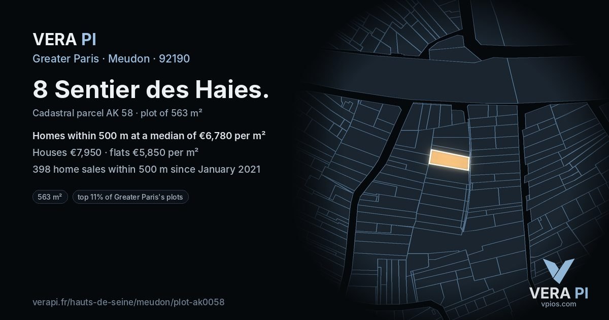 8 Sentier des Haies, Meudon at night – the plot lit, the parcels around coloured by the prices near them