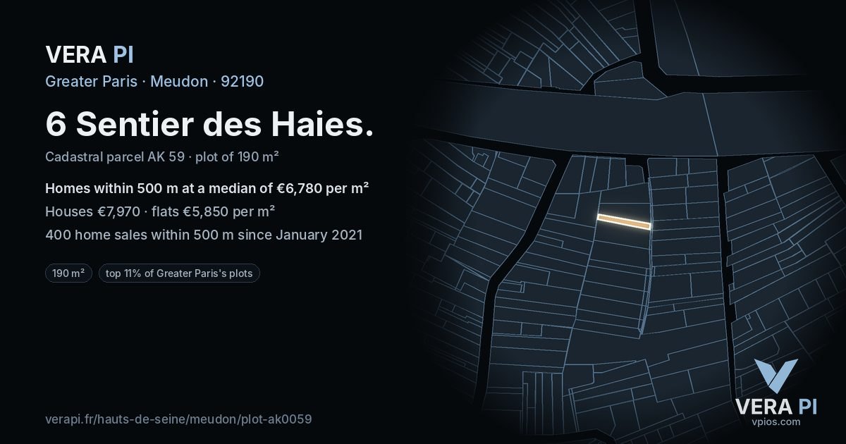 6 Sentier des Haies, Meudon at night – the plot lit, the parcels around coloured by the prices near them