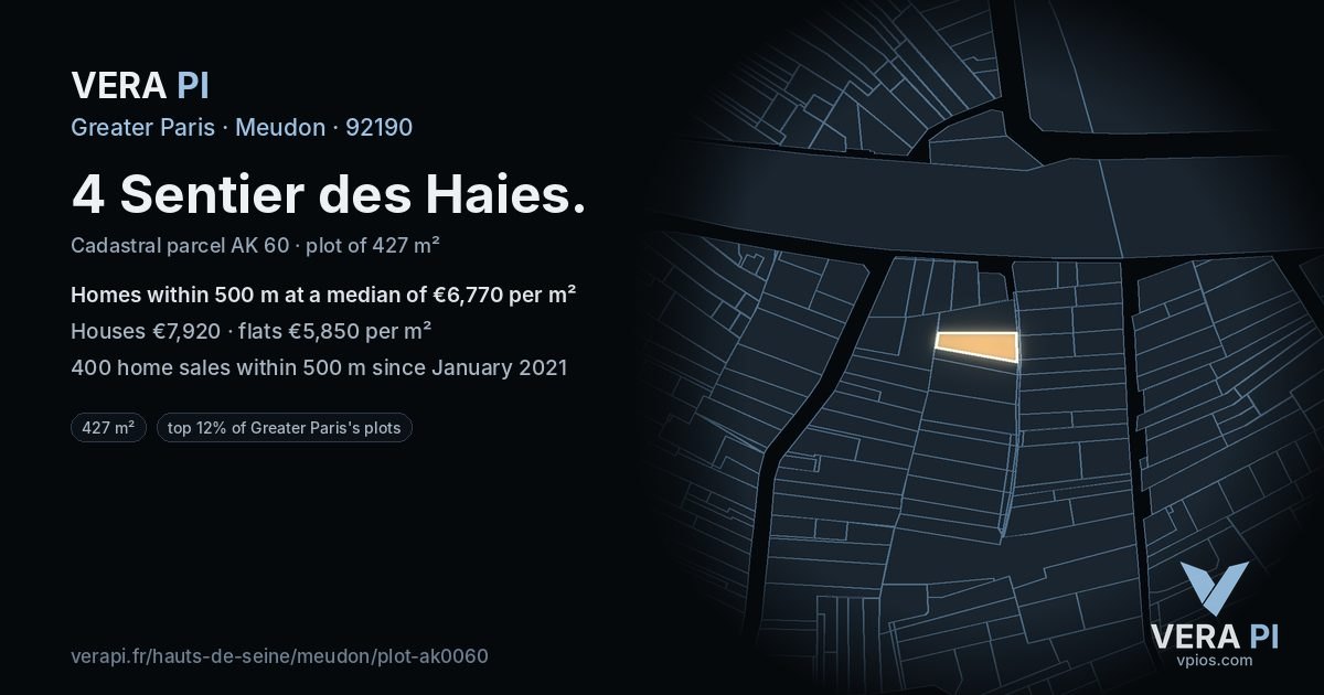 4 Sentier des Haies, Meudon at night – the plot lit, the parcels around coloured by the prices near them