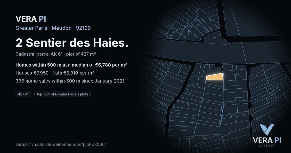 2 Sentier des Haies, Meudon at night – the plot lit, the parcels around coloured by the prices near them