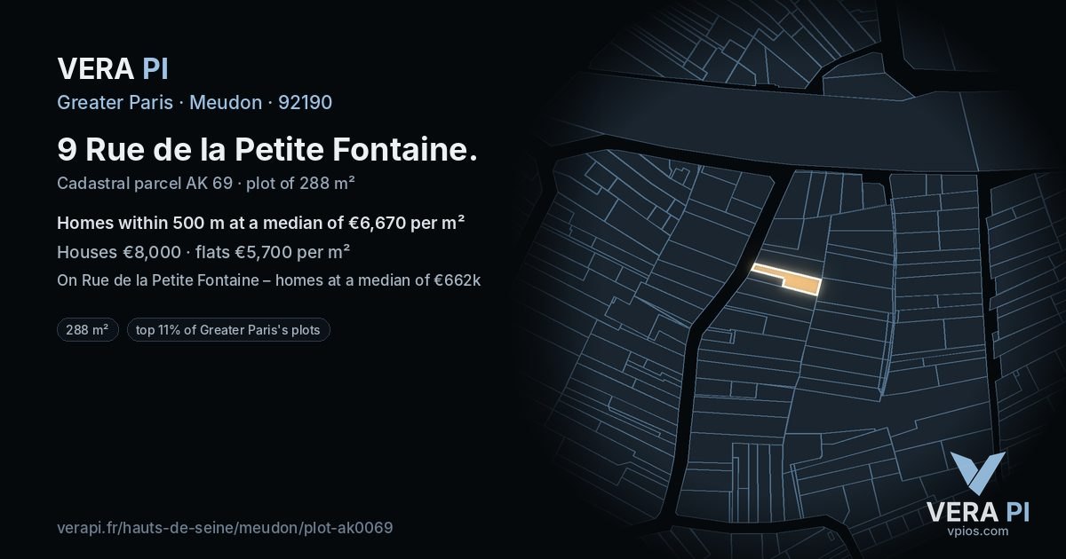 9 Rue de la Petite Fontaine, Meudon at night – the plot lit, the parcels around coloured by the prices near them
