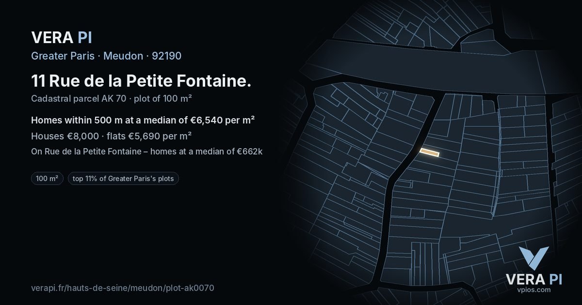 11 Rue de la Petite Fontaine, Meudon at night – the plot lit, the parcels around coloured by the prices near them