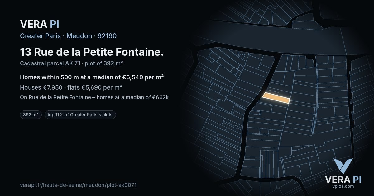 13 Rue de la Petite Fontaine, Meudon at night – the plot lit, the parcels around coloured by the prices near them