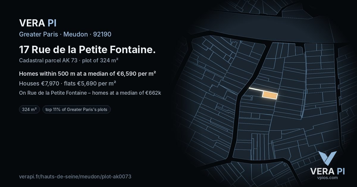 17 Rue de la Petite Fontaine, Meudon at night – the plot lit, the parcels around coloured by the prices near them