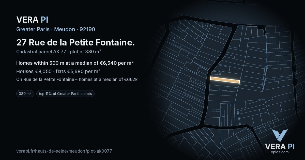 27 Rue de la Petite Fontaine, Meudon at night – the plot lit, the parcels around coloured by the prices near them