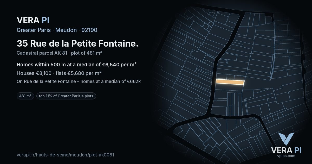 35 Rue de la Petite Fontaine, Meudon at night – the plot lit, the parcels around coloured by the prices near them