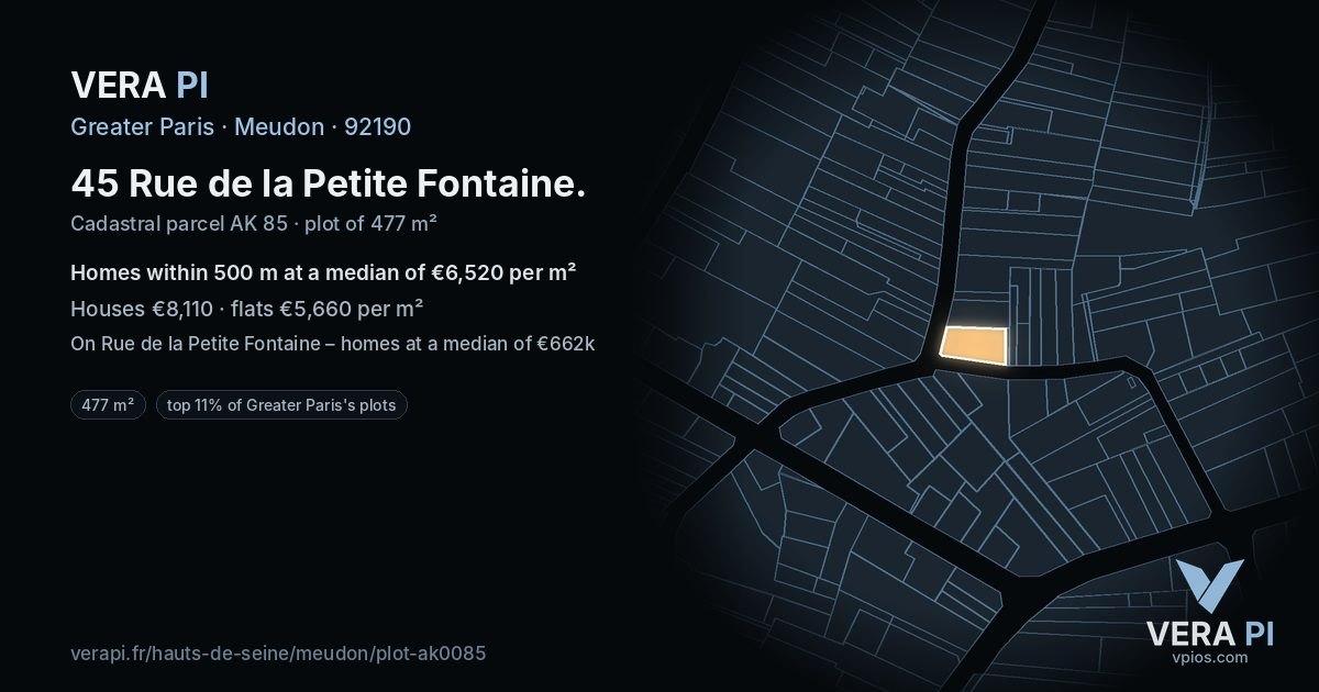 45 Rue de la Petite Fontaine, Meudon at night – the plot lit, the parcels around coloured by the prices near them