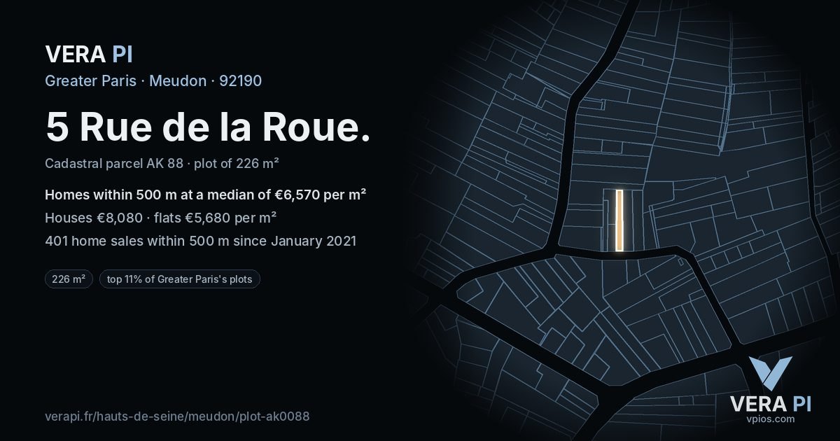 5 Rue de la Roue, Meudon at night – the plot lit, the parcels around coloured by the prices near them