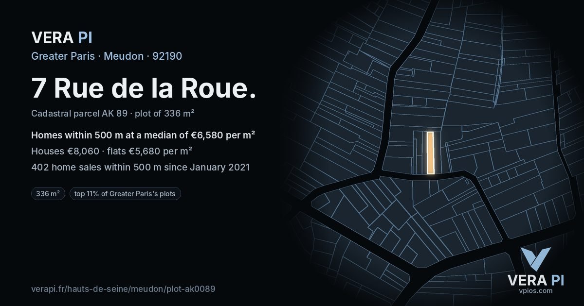 7 Rue de la Roue, Meudon at night – the plot lit, the parcels around coloured by the prices near them