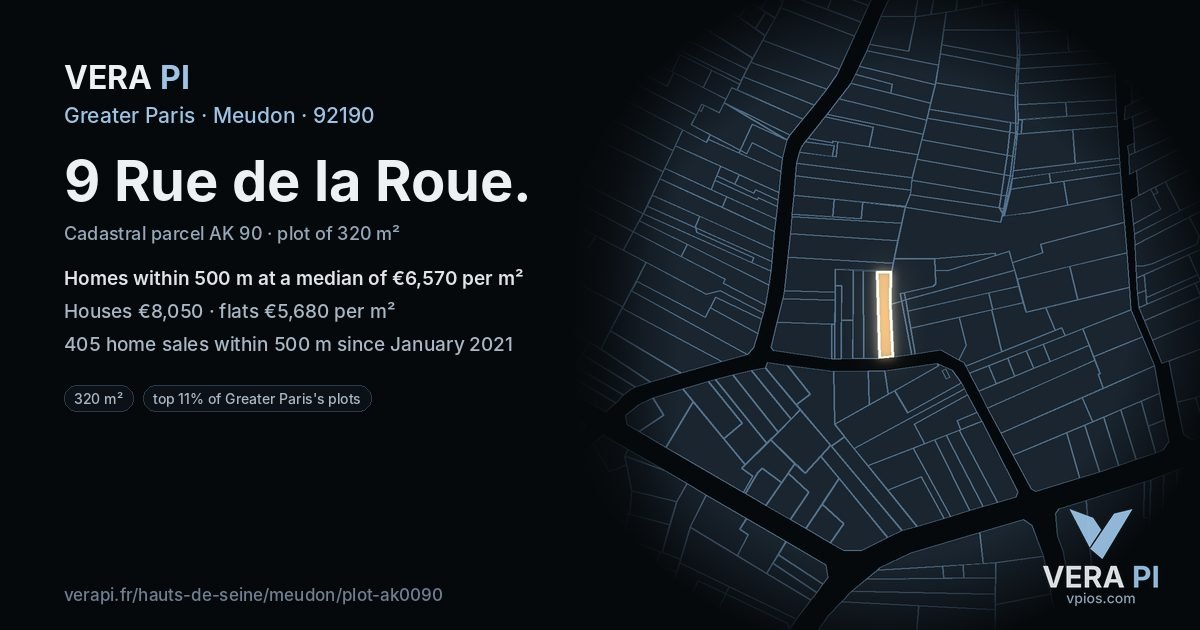 9 Rue de la Roue, Meudon at night – the plot lit, the parcels around coloured by the prices near them