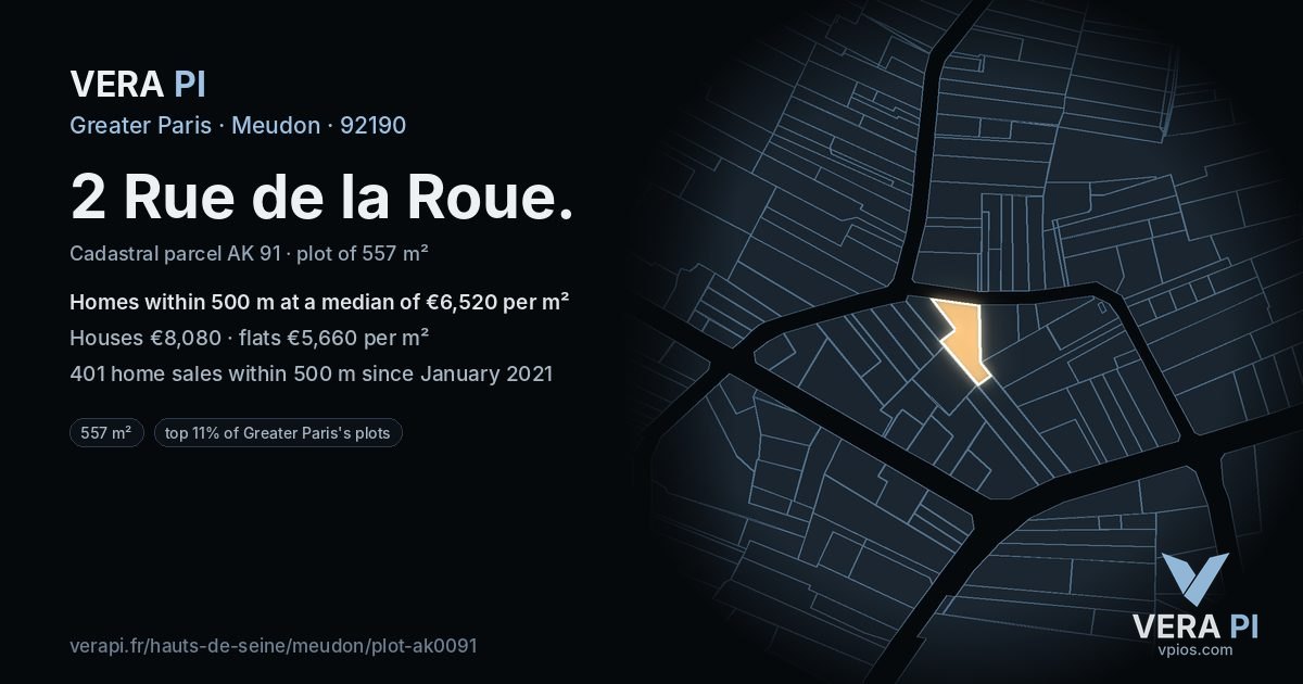 2 Rue de la Roue, Meudon at night – the plot lit, the parcels around coloured by the prices near them