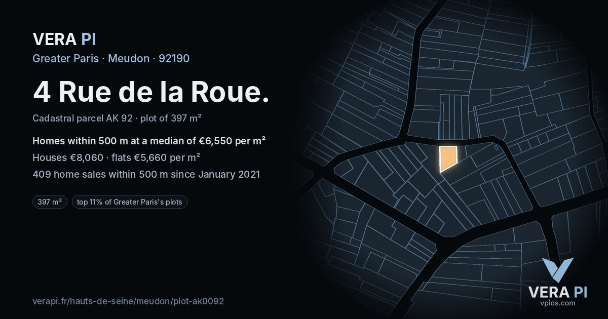 4 Rue de la Roue, Meudon at night – the plot lit, the parcels around coloured by the prices near them